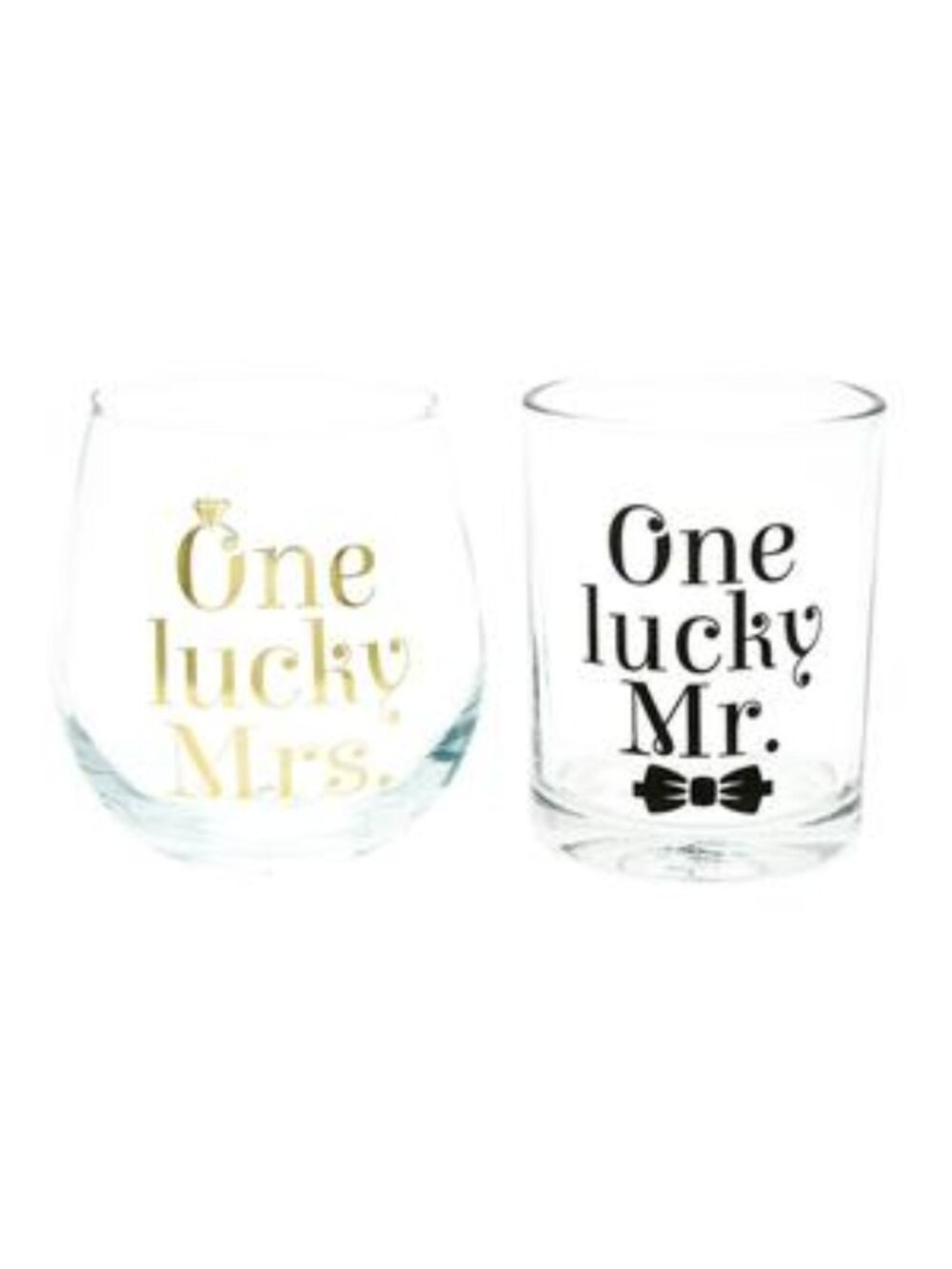 Tmd Holdings One Lucky Mr Rocks Glass and One Lucky Mrs Stemless Wine Glass Set,